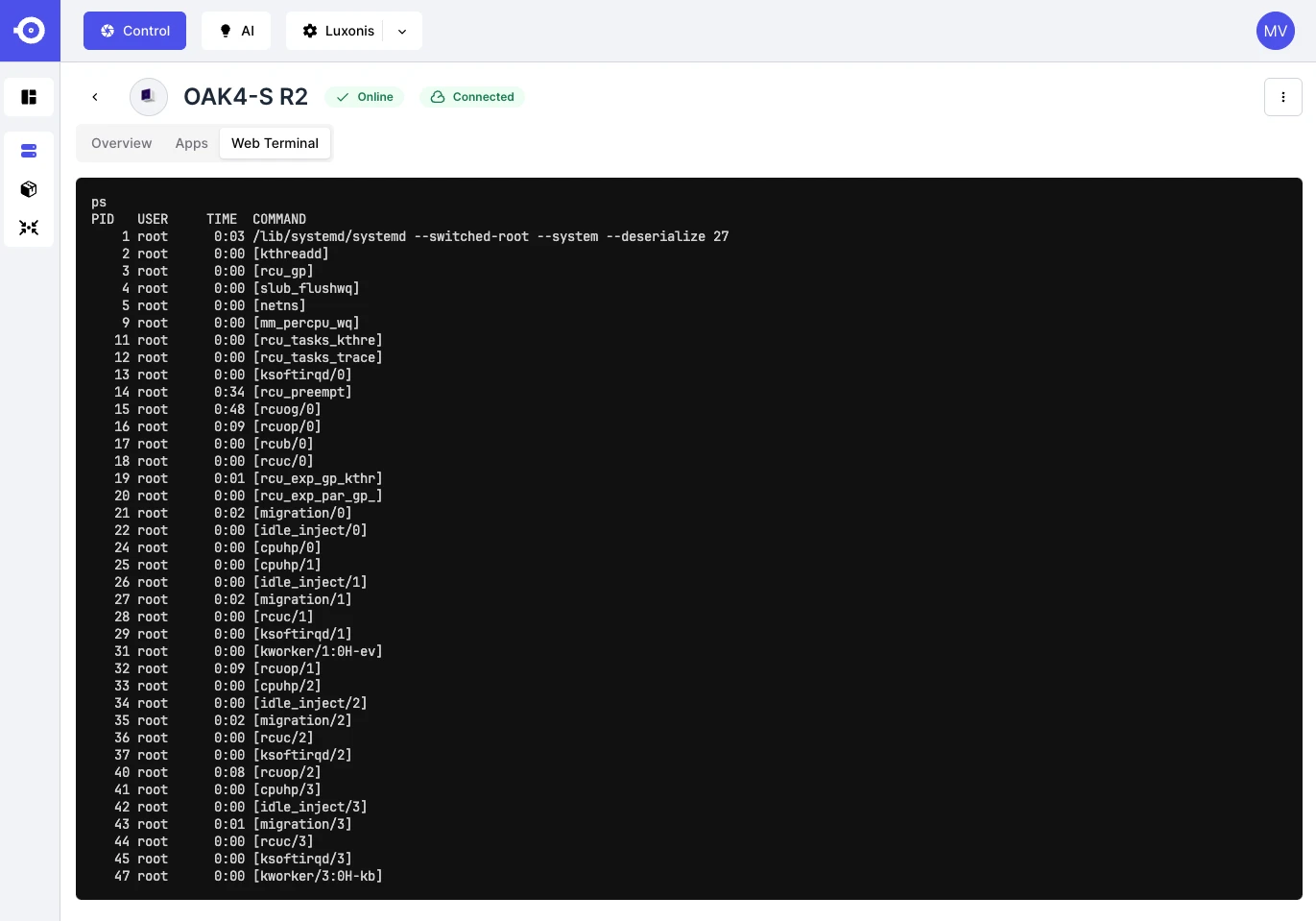 Luxonis Hub 中的 Web 终端