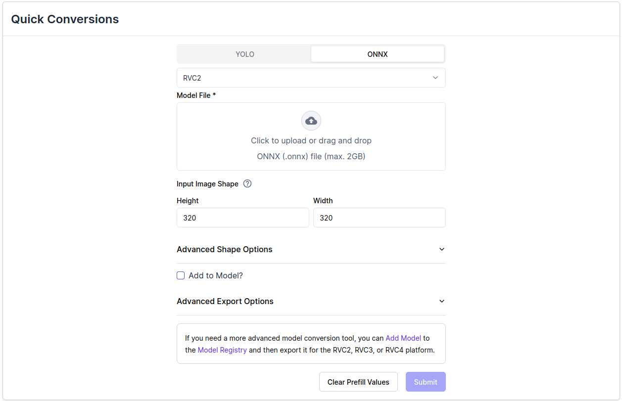 Luxonis Hub AI 中的快速转换页面